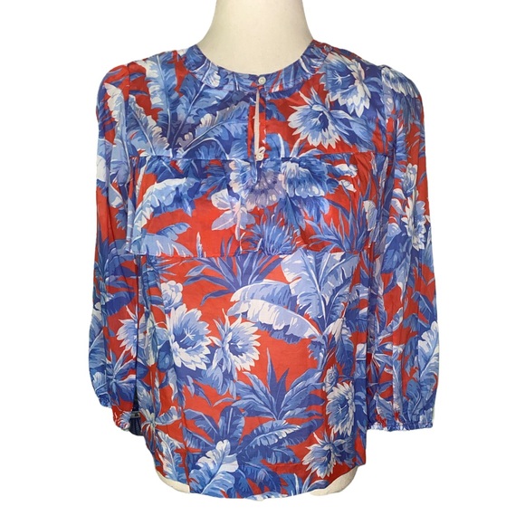 NWT J. Crew Ratti Red Orange & Light Blue Floral Blouse w/ Ruffle - XS P - Picture 3 of 12